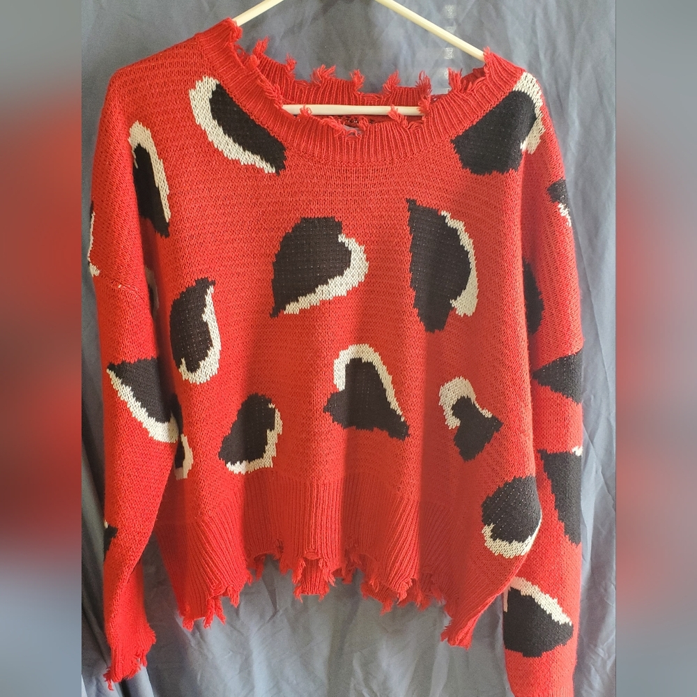 White Birch Red and Black Distressed Heart Sweater, Valentine's